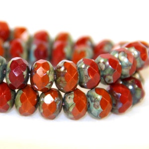 Rondelle Glass Beads, 8x6mm,Red Oxide And Burt Orange w/Picasso Finish, Opaque 8 x 6 mm Rondelle Beads, Czech Glass, 25 Pieces