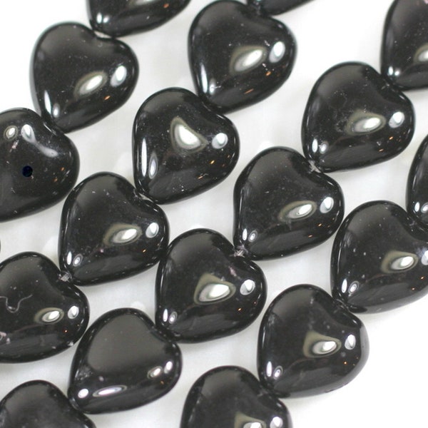 Opaque Puffed 12mm Black Heart Beads, 12x11 mm,  15 Pieces