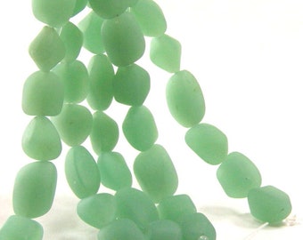 Small Oval Nugget Beads, 10 X 15mm, Light Opaque Sea Foam Green With Frosted Matte Sea Glass Finish, 7 Pieces