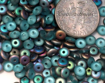 Disk Beads, 4mm, Heishi Beads, Aqua Vitrail w/Frosted AB Finish, Sea Glass Finish, Accent, Spacer Beads, 50 Pieces