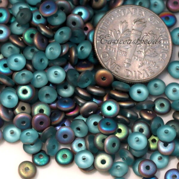 Disk Beads, 4mm, Heishi Beads, Aqua Vitrail w/Frosted AB Finish, Sea Glass Finish, Accent, Spacer Beads, 50 Pieces