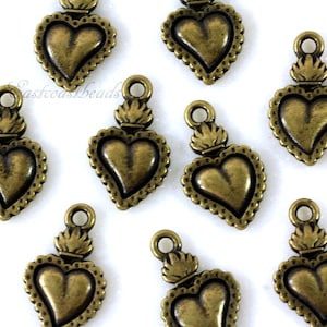 TierraCast Charms, Heart Milagro Charms, Heart Charms, Burning Heart Charms, Antiqued Brass, Flaiming Hearts