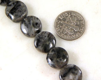 12mm Flat Coin Larvakite Gemston Beads, 12 mm, Glossy Finish, 18 Pieces