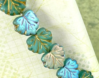 Leaf Beads, Maple Leaf Beads,Sky Blue w/Matte, AB Finish And Gold Wash, Length Drilled, 13x10mm, Czech Glass Beads, 20 Pieces