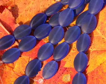 Small Oval Puffed Beads, 18x13mm, Royal Blue With Frosted Matte Sea Glass Finish, 6 Pieces Per Strand