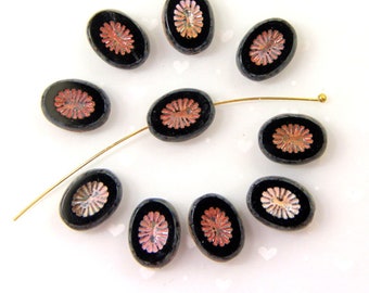 Oval Kiwi Beads, 12x14mm, Opaque Black w/Picasso Finish And Red  Wash, Table Cut Beads, Czech Beads, 10 Pieces