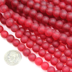 8mm. Round Beads, Cherry Red With Frosted Matte Sea Glass Finish, Beach Glass Sea Glass Beads, 26 Pieces