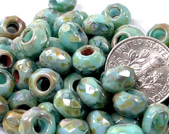 Rondelle Beads, Large Hole Beads, 9mm w/3mm hole, Sea Blue-Green Blend w/Picasso Finish, Pony Beads, Roller Beads, 232