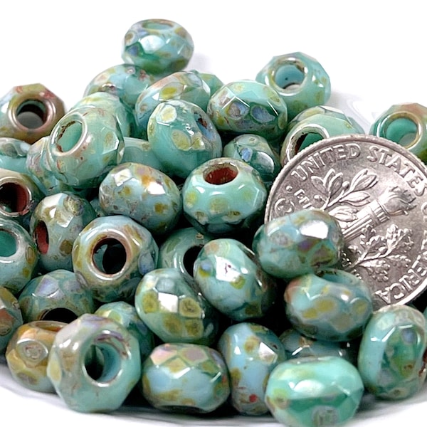 Rondelle Beads, Large Hole Beads, 9mm w/3mm hole, Sea Blue-Green Blend w/Picasso Finish, Pony Beads, Roller Beads, 232