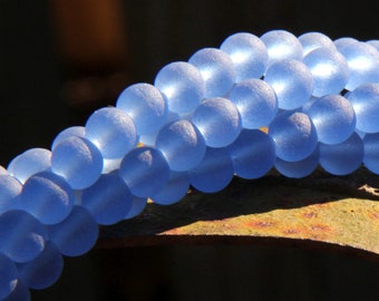 6mm Round Beads, Light Sapphire w/Frosted Matte Sea Glass Finish, 6 mm, 34 Pieces