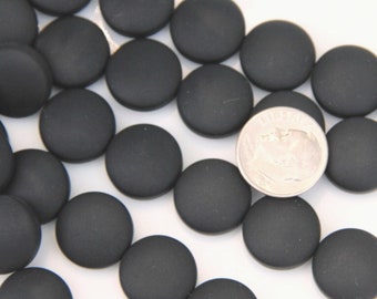 Coin Beads, 15mm., Jet Black, Cultured Beach Sea Glass, Puffed Coin Beads, 6 Pieces