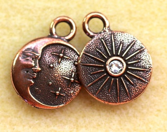 Starry Night Copper Charm, Double Sided Charm, w/Crystal Accent, TierraCast,, Antiqued Copper Plated Pewter