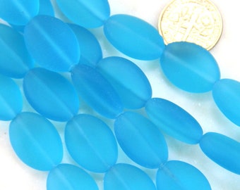 Small Oval Puffed Beads, 18x13mm, Pacific Blue With Frosted Matte Sea Glass Finish, 6 Pieces Per Strand