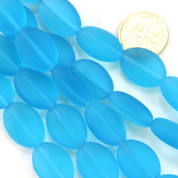 Small Oval Puffed Beads, 18x13mm, Pacific Blue With Frosted Matte Sea Glass Finish, 6 Pieces Per Strand