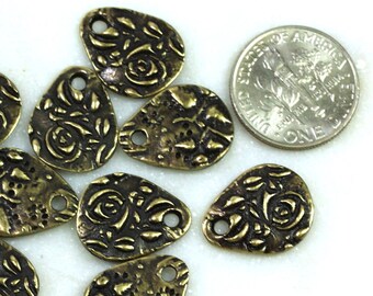 TierraCast Small Flora Teardrop Charm, Jardin Dulce Vida Collection, Jewelry Findings, Antiqued Brass, Double Sided Charms, 4 Pieces