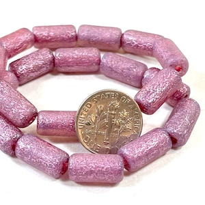 Large Tube Beads, Bead Size 14x7mm, Hole Size 2.5mm, Transparent Glass w/ Etched and Metallic Pink Finish, 10 Pieces