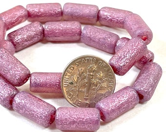 Large Tube Beads, Bead Size 14x7mm, Hole Size 2.5mm, Transparent Glass w/ Etched and Metallic Pink Finish, 10 Pieces