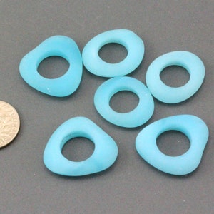 Fancy Rings Pendant Beads,, Opaque Blue Opal w/Frosted Matte Sea Glass Finish, 5 Pieces