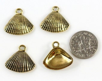 TierraCast Shell Charms, Beach Charms, Nature Charms, Jewelry Findings, Antiqued Gold Plated Lead Free Pewter,....... 4 Pieces