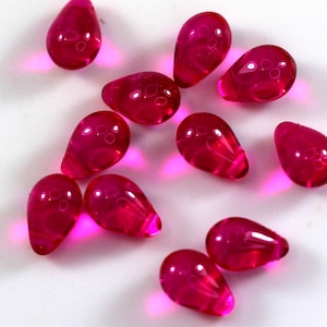 Tear Drop Shaped Beads, 6 x 9 mm, Fuchsia Pink, Czech Glass, Top Side Drilled, 20 Pieces
