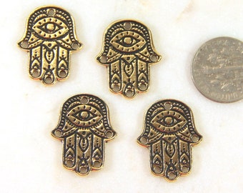 TierraCast Hamsa Hand Charms, From The Caravan Collection, Double Sided Charms, Antique Gold Plated Lead Free Pewter,  4 Pieces