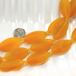 Large Oval Puffed Beads, 35x18mm, Saffron Yellow Frosted Matte Sea Glass Finish, 6 Pieces