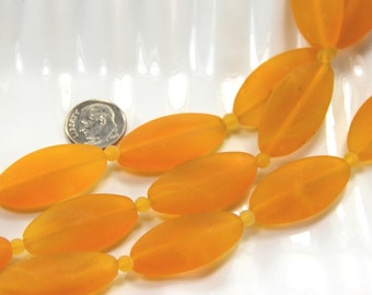 Large Oval Puffed Beads, 35x18mm, Saffron Yellow Frosted Matte Sea Glass Finish, 6 Pieces