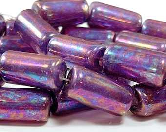 Large Tube Beads, Bead Size 14x7mm, Hole Size 2.5mm, Metallic Purple w/Mother of Pearl Finish, 10 Pieces