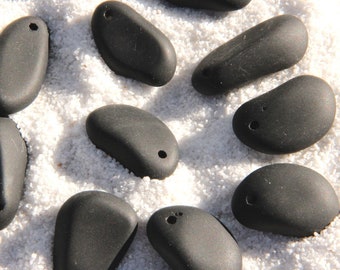 Large Pebble Nugget Pendant Beads, Jet Black With Frosted Matte Sea Glass Finish, (15-35mm) Cultured Sea Glass, Beach Glass