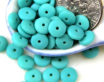 Coin Beads, 6mm, Turquoise w/Matte Finish, Petite Flat Spacer, Heishi, Discs, Czech Glass, 6 mm, Center Drilled Beads, 50 Pieces