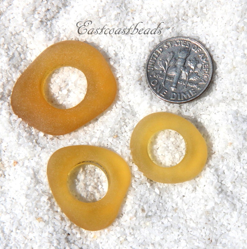 Fancy Rings Pendant Beads Desert Gold With Frosted Matte Sea Glass Finish 3 Pieces Yellow