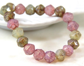 English Cut Beads, 8mm., Semi Transparent  PInk w/Golden Luster and Picasso Finish, Accent Beads,  Czech Beads, 20 Pieces