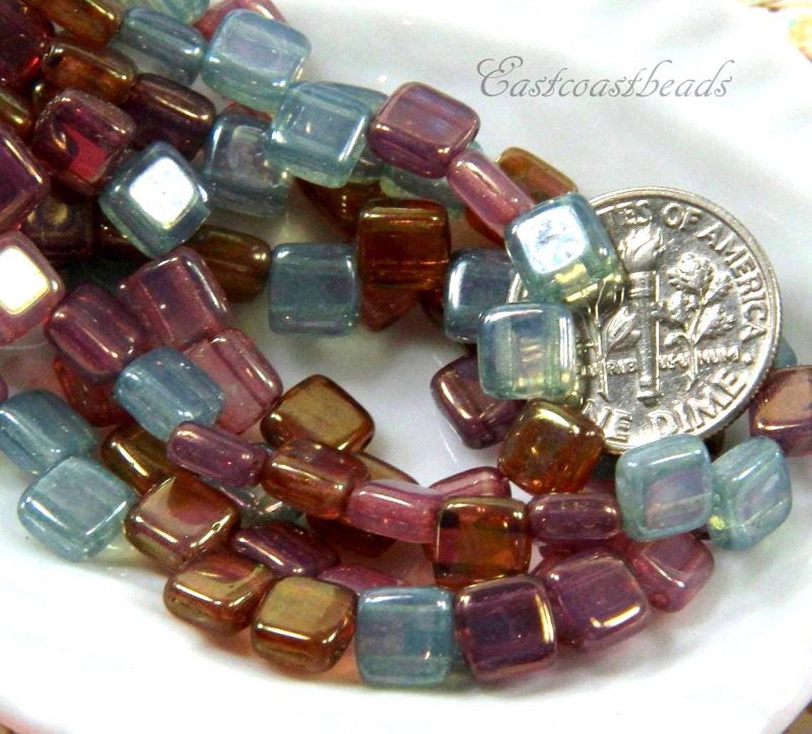 Square Tile Beads 6 mm Glass Tile Beads Pink Purple And Etsy