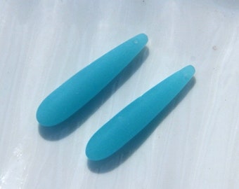 Teardrop Pendant Beads, 37x8mm, Opaque Blue Opal With Frosted Matte Sea Glass Finish, 2 Pieces