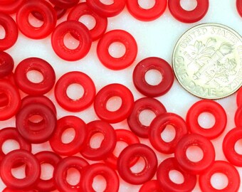Donut Ring Beads, 9mm w/4mm Hole, Ruby Red w/Matte, Frosted, Sea Glass Finish Large Hole Beads, Preciosa Czech Beads
