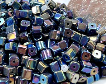 Small Cube Beads, 3.5mm Square Beads, Black Rainbow Cube Beads, Kumihimo Beads, 3.5 mm Glass Square Spacer Beads,, 10 Gram