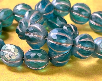 Faceted 10mm. Melon Beads, Transparent Turquoise Glass w/Matte and AB  Finish, Lovely Focal Beads, Czech Beads, 12 Pieces