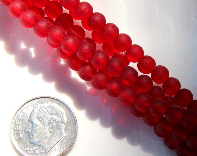 4mm Round Glass Beads, Cherry Red With Frosted Matte Sea Glass Finish