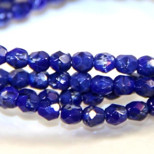 4 mm Faceted Round Beads, Indigo Blue w/Glossy Fire Polished Finish, 50 Pieces