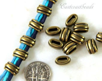 TierraCast Crimp Beads, Deco Slide Beads, Leather Findings, 6x2mm Barrel Beads, Medium Deco Beads, Antiqued Brass