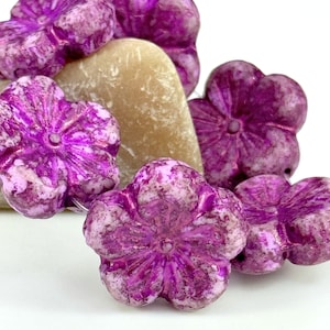 Large 21mm Hibiscus Flower Beads, Focal Bead, White w/Metallic Purple Finish, Czech Table Cut Glass Beads, 21mm., 2 Beads