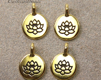 TierraCast Lotus Charms, Gold Plated Lotus Charms, Antique Gold Plated, Lotus Charms, Lotus Disks, 5 Pieces
