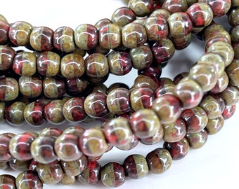 Round Druk Beads, 4mm.,Red w/ Picasso Finish, Petite  Beads, Spacer Beads, Accent Beads,. 50 Pieces