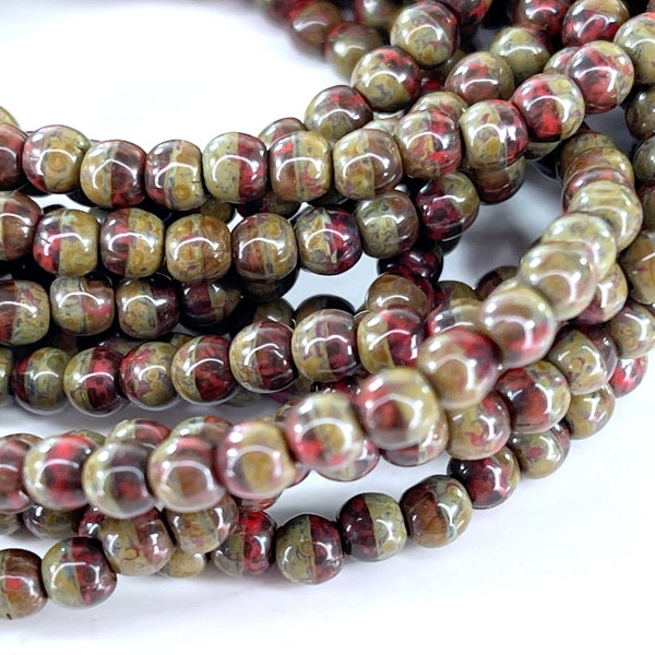 Round Druk Beads, 4mm.,Red w/ Picasso Finish, Petite  Beads, Spacer Beads, Accent Beads,. 50 Pieces