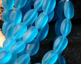 Oval Nugget Beads, Large 12x20mm, Pacific Blue With Frosted Matte Sea Glass Finish, Pendant Beads, Glass Beads, 6 Pieces