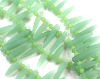 Tusks, Dagger, Spike Beads, 25X6mm, Opaque Sea Foam Green, Frosted Matte Sea Glass Finish, Tusk Beads, Side drilled, 20 Pieces Per Strand