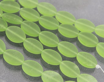 Small Oval Puffed Beads, 18x13mm, Shamrock Green, With Frosted Matte Sea Glass Finish, 6 Pieces Per Strand