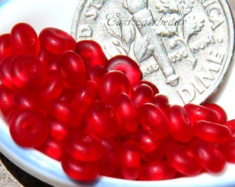 Tiny 4 mm. Spacers, Heishi, Discs, 4mm., Cherry Red, Frosted, Sea Glass Finish, Spacer Disk Beads, Glass Hieshi Beads, 50 Pieces