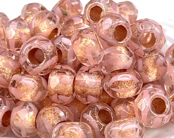 Rondelle, Roller, Pony Beads, 9x6mm w/3mm Hole, Medium Pink w/Copper Lining, Large Hole Beads, Czech Beads, 10 Pieces, 224