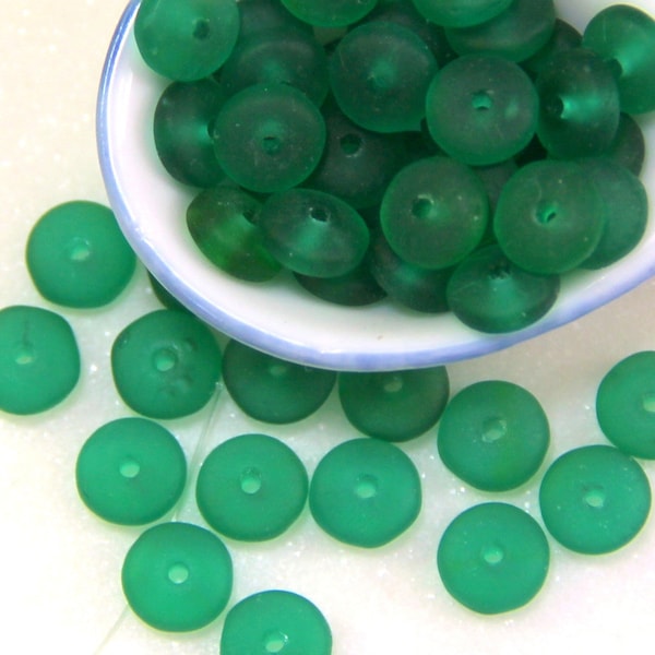 Disk Beads, 6mm, Emerald Green w/ Sea Glass Finish, Heishi, Discs, Accent Beads, Spacer Beads, Center Drilled, Coin Beads, 50 Pieces